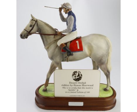 Caughley Porcelain limited edition figure, depicting Desert Orchid, Ridden by Simon Sherwood, on a wooden plinth, certificate