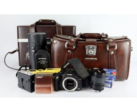 Cameras, lenses, flashguns and accessories. A collection including Nikon D70 with instructions; Canon EOS 350D; Minolta Weath