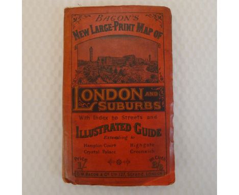Bacon's New Large Print Map of London and the Suburbs with Index to Streets and Illustrated Guide extending to Hampton Court,
