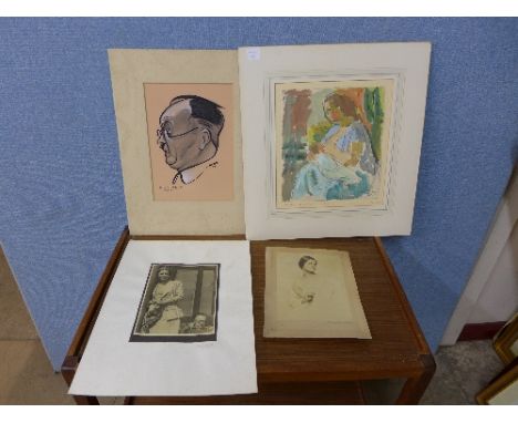 A pen and ink drawing, portrait of a man, signed Herz 49 and two photographs together with a watercolour of a woman nursing a
