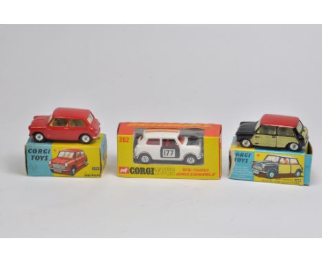 Corgi No. 225 Austin 7 Mini - dark red body, lemon interior, silver trim, spun hubs. (A / B in B / C Box), Corgi No. 282 Mini