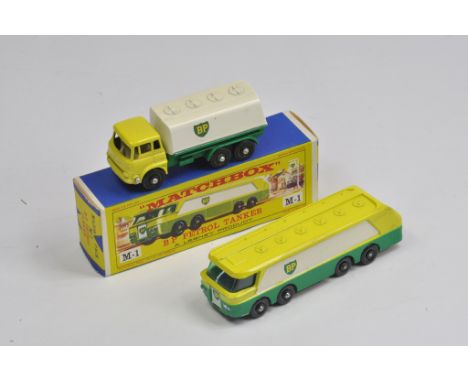 Matchbox Major Pack M1 BP Autotanker - yellow body with green skirt plus BP Tanker. Both A / B with A / B Box. (2)