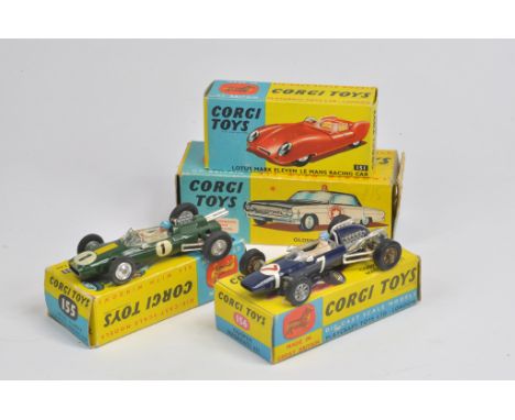 Corgi No. 155 Lotus Climax Formula 1 Racing Car - green, Corgi No. 156 Cooper Maserati Formula 1 Racing Car - dark blue plus 