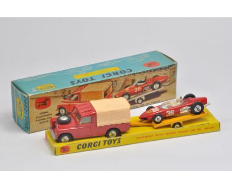 Corgi No. GS17 Gift Set comprising of Land Rover in red, cream plastic canopy, lemon interior, Ferrari Racing Car in red, Rac