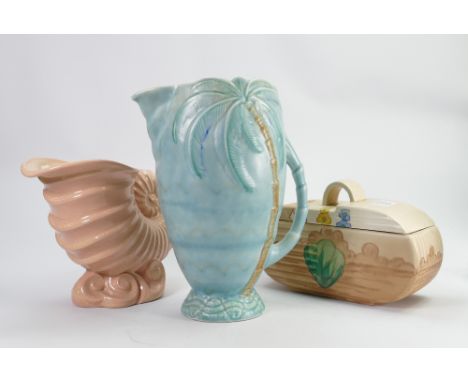 Beswick Ware items: including Art Deco dish &amp; cover, light blue palm jug and Cornucopia vase. (3) 