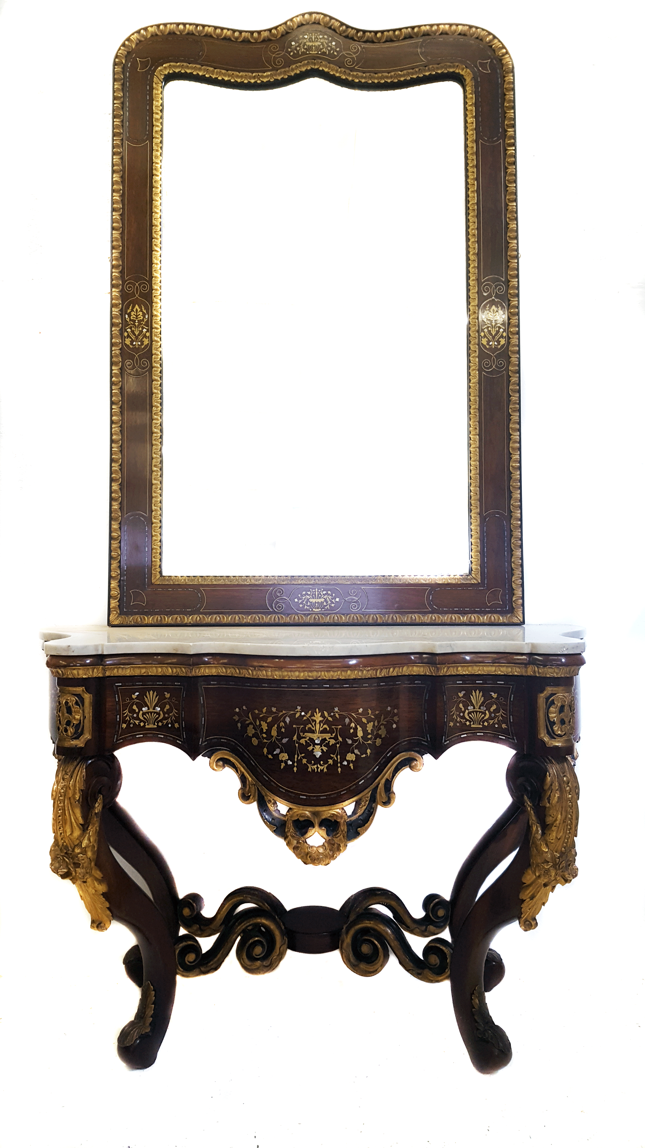 A magnificent and large 19thC North European commode en console, c1820, possibly Altona, the scalloped rosewood and carved gi