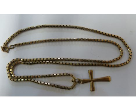 A 9ct yellow gold box chain with cross pendant attached, total weigh 21grs approx