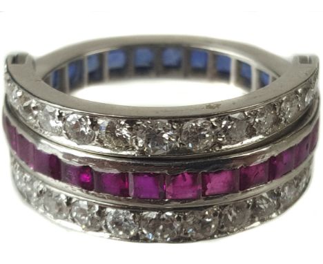 An Art Deco calibre sapphire, ruby and brilliant cut diamond triple hoop ring, size M1/2