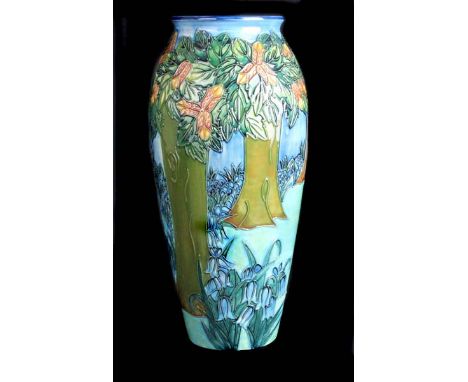 Rachel Bishop for Moorcroft Pottery, a large Vereley pattern vase from the New Forest series, of unusual dark pallette of blu