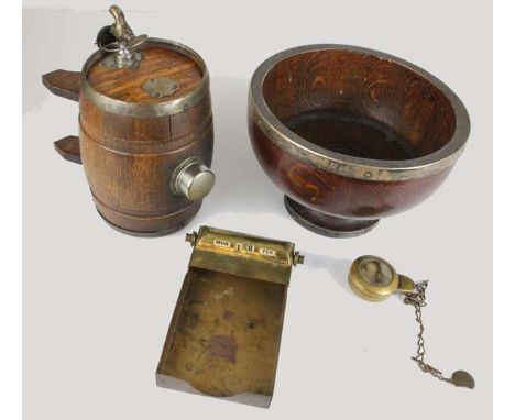 A 19thC miners brass compass box on chain (a/f); an oak and silver plated bowl; an oak whisky barrel and a date desk pad (4)