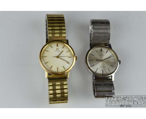 Two Gents Omega wrist watches including a 1970's Omega Tool 9070, Manual wind up movement; hour, minute, second, date, Silver