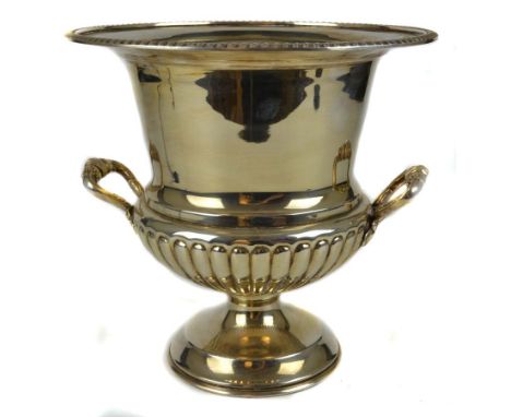 A silver plated ice bucket, of two handled vase form with gadrooning to the base of bowl on circular foot, stamped cross keys