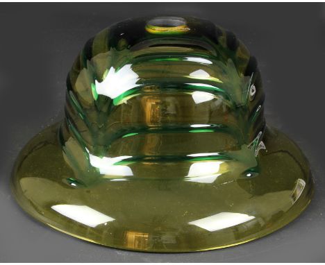 A Gray-Stan glass lamp shade of shallow bell form, amber base with green trailing, inscribed 'Grey-Stan' to top, 24cm max dia