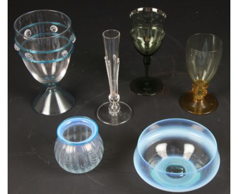 Powell/Whitefriars - A T.G Jackson designed wine glass in green with ribbed central section bowl; a blue opal finger bowl; a 