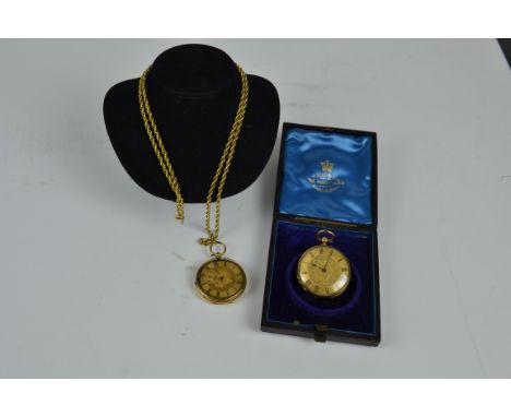 An antique 18ct yellow gold fob watch by James C Peter Cartridge, c1860; together with a yellow gold chain; and an antique go