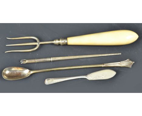 A silver trident form bread fork, with ivory handle; a silver pickle spoon; a silver dip pen; and a small silver butter knife