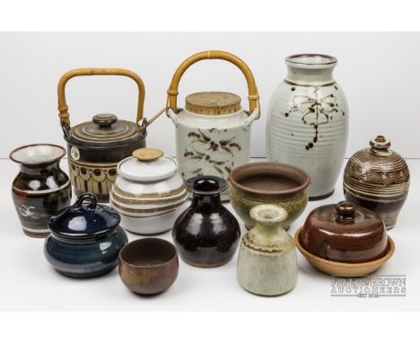 A group of studio pottery, including a swing handle storage jar, marked Chris Aston ELKESLEY Notts; and Aylesford