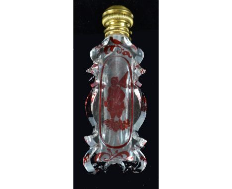A fine French gold mounted ruby flash scent bottle, c1860, the clear cartouche shaped bottle with chinoiserie style decoratio