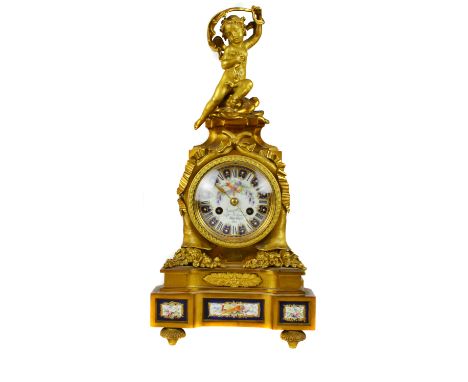 A Leroy et Fils, Palais Royal, Paris, ormolu and porcelain clock, the clock face, sides and base of Sevres style panels with 