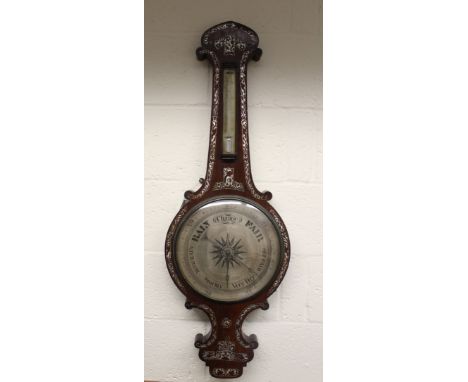 A large Regency rosewood and mother of pearl inlaid barometer, c1830, the extra-large silvered dial in rosewood inlaid mother