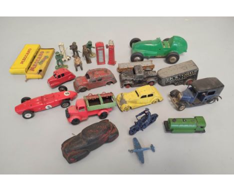 Collection of vintage die-cast and plastic model vehicles and figures, all in play worn condition. To include a 1950s Marx no