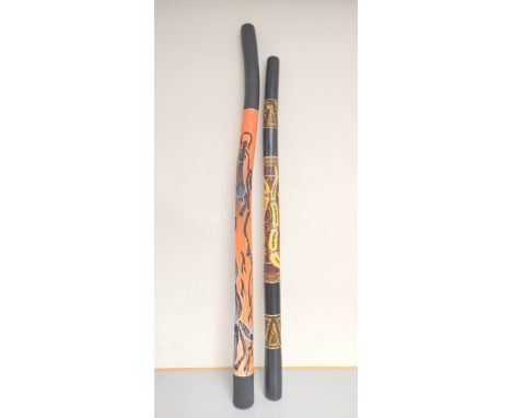 Two wooden didgeridoos, each painted with aboriginal motifs. (2) 