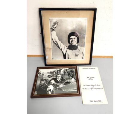 Motorsport Interest. Jim Clark 1936-1968 framed racing print, another of Sir Jackie Stewart and Jim Clark's order of service 