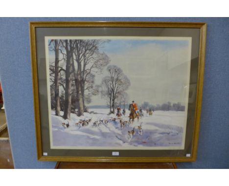 A signed Donal Grant fox hunting print, On A Winter's Morn, framed