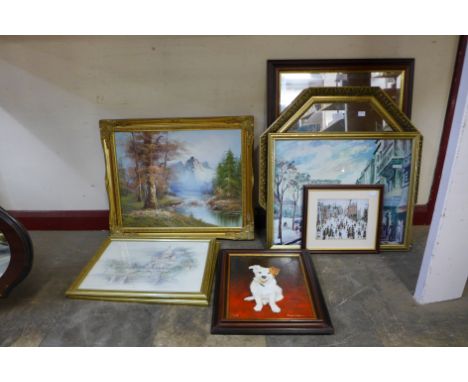 Alpine landscape, oil on canvas, four prints and two mirrors
