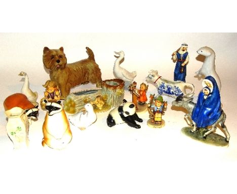 A selection of porcelain figures, to include Goebel and Hummel figures, Belleek vase, Russian animal figures etc (15)
