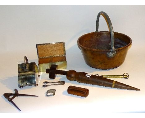 A vintage copper jelly pan, together with plated wares, snuff box, measuring instruments, and a gardening hole maker stake (a