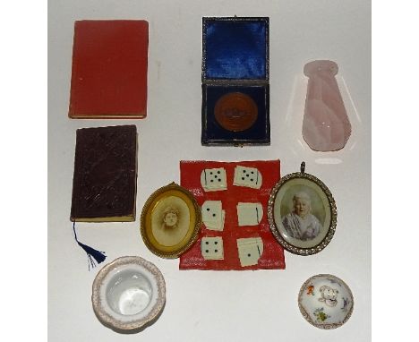 A mixed lot, including a painted photo miniature on ivory, another photo miniature, a boxed copper coin commemorating the 'In