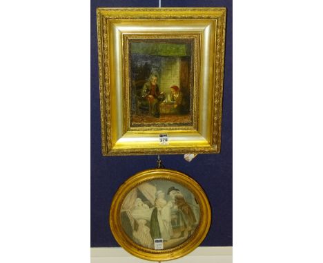 N Joh Brink (19th Century Flemish School)'Interior Scene with Father & Son'Oil on porcelain, signed lower right, 19 x 14cm, t