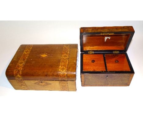 A 19th century tea caddy, probably yewwood, the hinged top enclosing two compartments with covers, 13cm high x 20cm wide, als