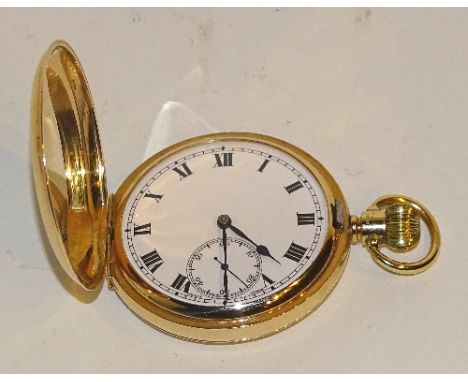 A 9ct gold full hunter pocket watch, the white enamel dial with Roman numerals and subsidiary seconds dial, 375 BB stamped to