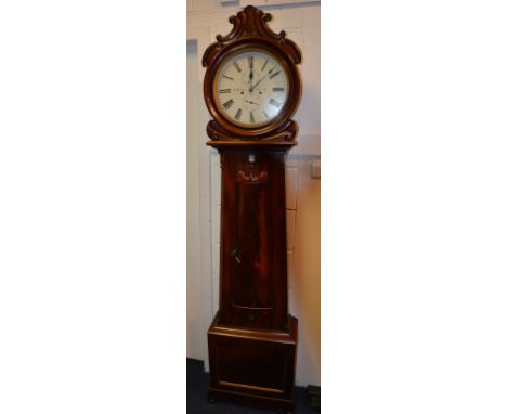 A Victorian mahogany drumhead longcase clock signed D Douglas Glasgow, the glazed door enclosing cream enamel dial with Roman