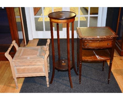 A mahogany inlaid plant stand with undertier, 96cm high x 33cm wide, together with a vintage pine commode stool and a reprodu
