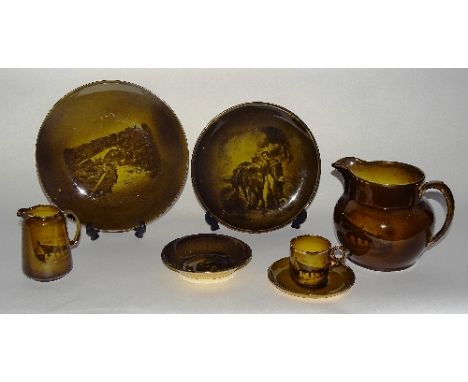 Eleven pieces of Ridgways 'Burns Scenes' pottery, to include 'Burns Cottage' jug, 15cm high, four plates, cabinet cups and sa