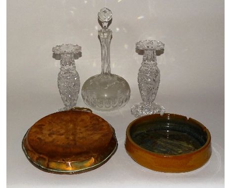 A mixed lot of sundry items, to include early 20th century glass decanter, two pairs of brass candlesticks, pair of crystal c