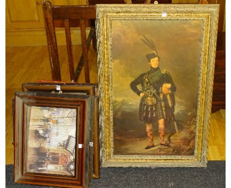 A small quantity of Scottish clan style prints and old Edinburgh framed photographs, together with a Jean Beraud print (11)