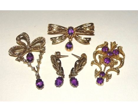 A similar group of 9ct gold amethyst and seed pearl brooches, pendant and earrings, each stamped 375, 15.6g in total (4)