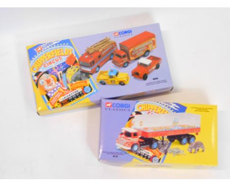 A Corgi Classics die cast Land Rover., Morris Minor Pick-Up., Thames Trader and AEC fire engine, Chipperfields Circus, 31703.