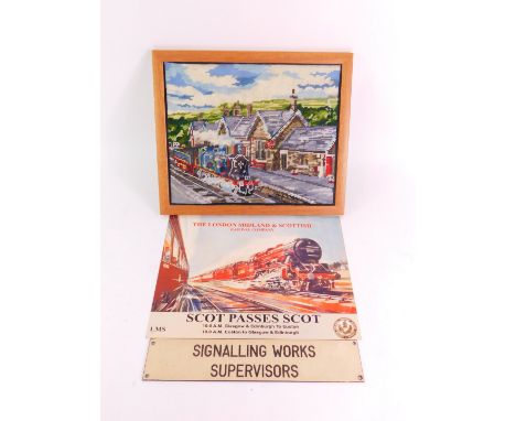A railway signalling works supervisor's door plate., London, Midland and Scottish Railway Company replica enamel sign, Scot P