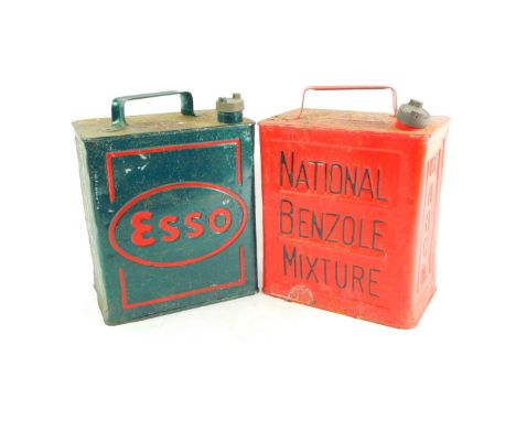 A National Benzole Mixture red oil can, together with an Esso green oil can. (2)