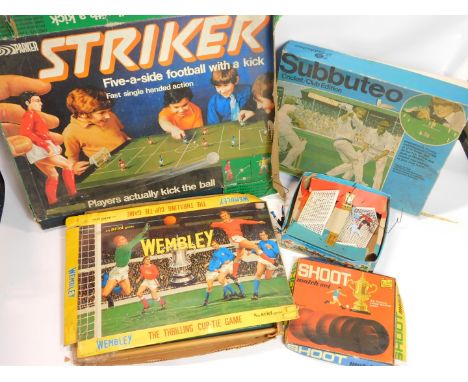 A Subbuteo Cricket Club Edition., Striker Football With A Kick., Aeriel Wembley Cup Tie Game., and a Berwick Shoot Match Set,