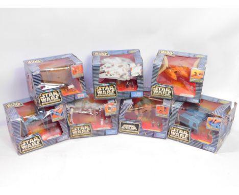 Seven Micro Machines Star Wars Action Fleet Spacecrafts, comprising Ther Fighter., Bespin Twin Pod Cloud Car., Jawa Sandcrawl