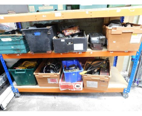 Assorted car and engine parts, tools, battery charger, snow grips, etc. (a quantity)
