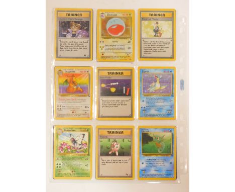 Pokemon cards, comprising Trainer Imposter Oak's Revenge., Electrode., Trainer Pokemon Trader., Dragonite., Trainer Item Find