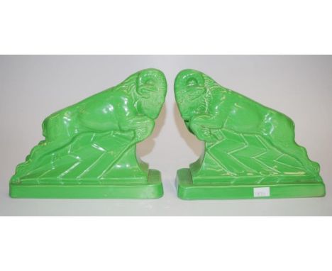 Pair Ashtead England green ceramic  bookends pair Charging Ram form green glazed ceramic bookends, marked to bases, (length 1