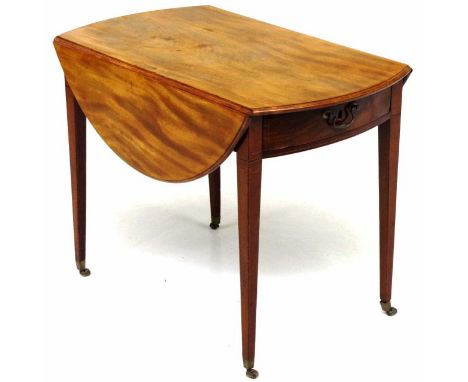 Georgian inlaid Pembroke table with drawer, square tapered legs and brass cup casters, 95cm wide, 73cm high.